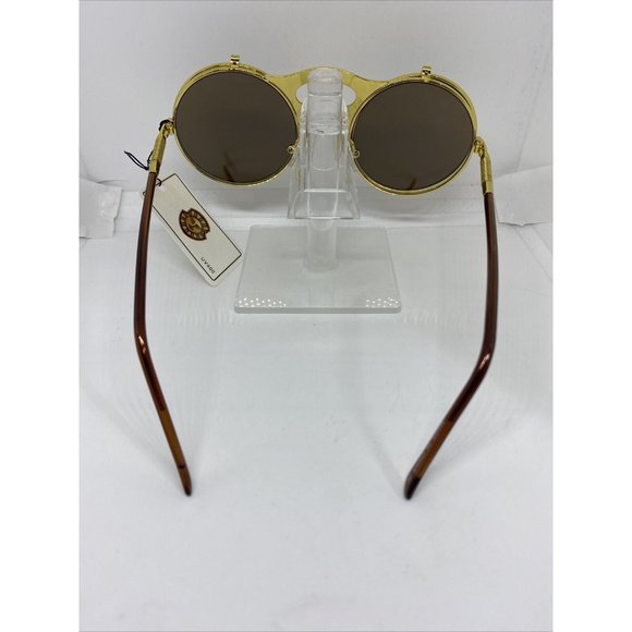 Vintage Retro Flip-up Steampunk Sunglasses Gold Frame Brown Lens Classic Round - Picture 6 of 7